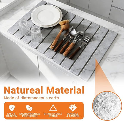 Dish Drying Mats, Large 24x16 Inch Diatomaceous Earth Drying Mat / Fast-Absorbing,Non-Slip Stone Drying Mat For Kitchen Counter / Eco-Friendly for Dishes (Gray Marble)
