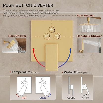 Gold Shower System, Shower Faucet Set with 3 In 1 Push Button Valve, Shower Faucet included 10" Ceiling Shower Head and 8" Wall-Mount Shower Head with Handheld Spray, Brushed Gold