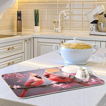 Dish Drying Mat Kitchen Counter Absorbent Red Cardinals Coffee Sink Mat Dish Drainer Pad 18 Inch x 24 Inch