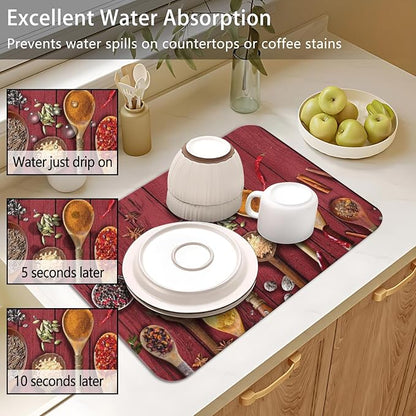 Dish Drying Mat for Kitchen Counter 2 Pack with Non-Slip Rubber Backing - Heat-Resistant Absorbent Coffee Bar Mat, Dish Rack Mat, Seasonings Dish Drying Mats 18x24+19.5x12 inch