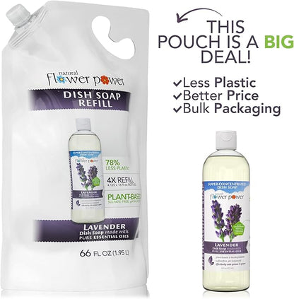 Natural Flower Power Liquid Dish Soap Refill – 66 Fl Oz Refills 4X – Plant-Based & Scented w/Pure Essential Oils – Natural Dishwashing Detergent – Sulfate-Free Kitchen Soap (Lavender)
