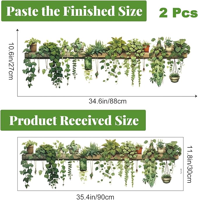 Nature Green Plants Peel and Stick Wall Decals Wallpaper Removable Wall Decals Shelves Green Plants Vinyl Art Stickers & Murals for Living Room Kitchen Bathroom Decoration (2pcs A)