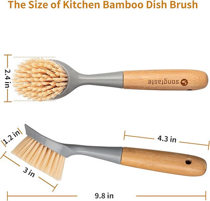 2 Pack Kitchen Dish Brush Bamboo Handle Dish Scrubber Built-in Scraper, Scrub Brush for Pans, Pots, Kitchen Sink Cleaning, Dishwashing and Cleaning Brushes are Perfect Cleaning Tools, Color-Gray