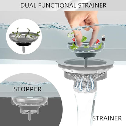 Kitchen Sink Drain 3-1/2 Inch Brushed Stainless Steel Sink Drain Strainer Assembly Kit with Sink Strainer Basket and Drain Stopper for Standard Kitchen Drains Brush Nickel Silver