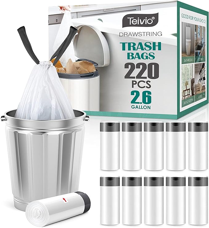 2.6 Gallon 220 Counts Strong Drawstring Trash Bags Garbage Bags by Teivio, Bathroom Bin Liners, 2,2.5,3 Gal Small Plastic Bags for home office kitchen, fit Code R 10 Liter Trash Can
