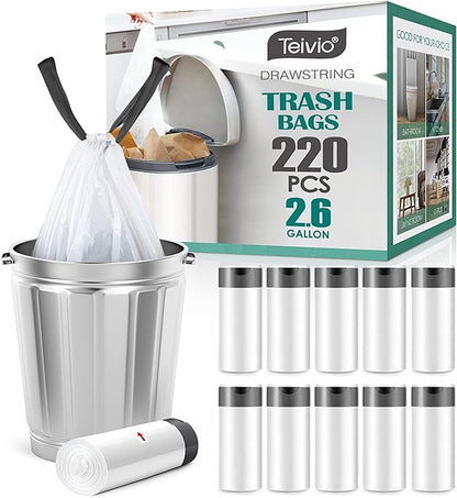 2.6 Gallon 220 Counts Strong Drawstring Trash Bags Garbage Bags by Teivio, Bathroom Bin Liners, 2,2.5,3 Gal Small Plastic Bags for home office kitchen, fit Code R 10 Liter Trash Can