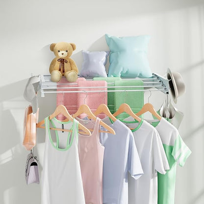 BAKON Wall-Mount-Clothes-Drying-Rack for Bathroom, Foldable-Drying-Rack-Clothing for Small Space, 31.5'' Laundry-Dry-Rack-Collapsible with 6 Hooks and 5 Poles for Living Room, Bedroom, White