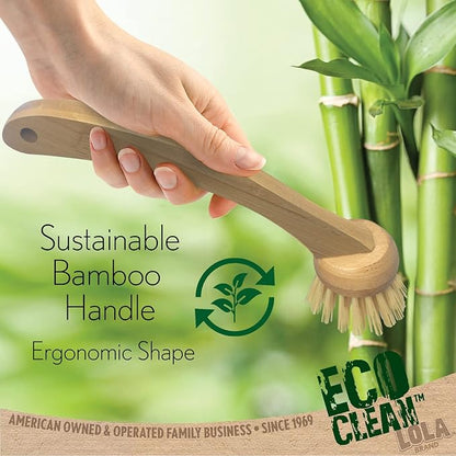 LOLA Eco Clean Bamboo Dish Brush, Multi Purpose, Sustainable Ergonomic Renewable Bamboo Handle, Fibers are Recycled Soda/Water Bottles - 1 CT