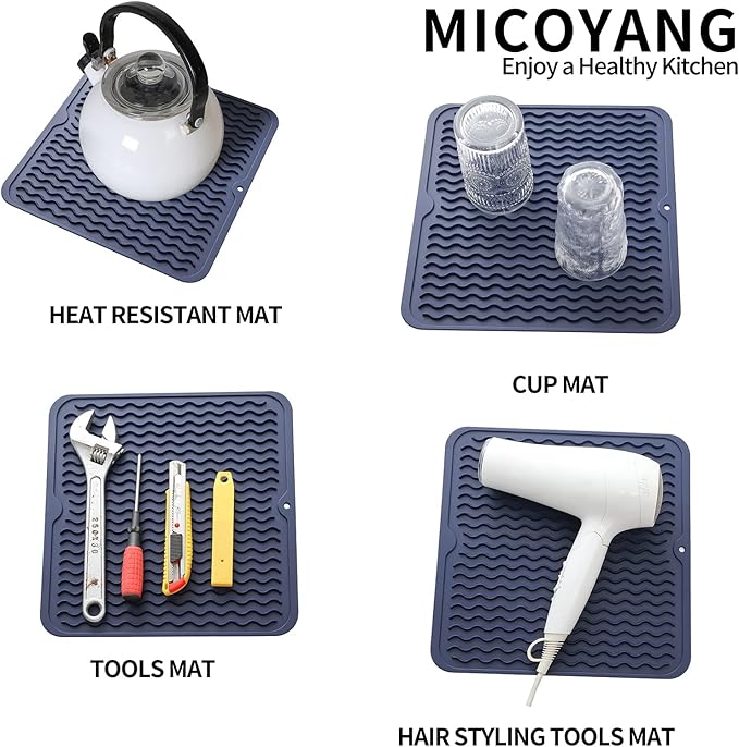 MicoYang Silicone Dish Drying Mat for Multiple Usage,Easy clean,Eco-friendly,Heat-resistant Silicone Mat for Kitchen Counter or Sink,Refrigerator or Drawer liner Navy Blue M 12 inches x 12 inches