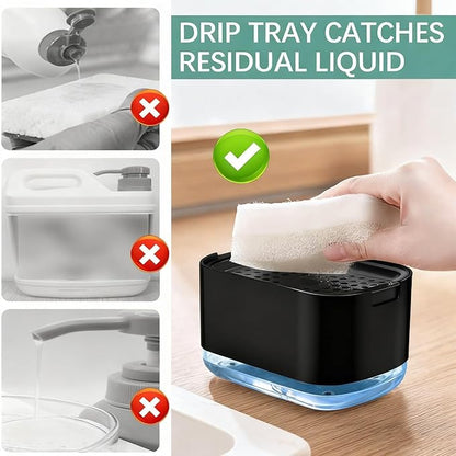Dish Soap Dispenser and Sponge Support, Sink Soap Pump Dispenser, Liquid Soap Dispenser, Kitchen Detergent Press Box, Suitable for Kitchens, Bathrooms and Sinks (Black)