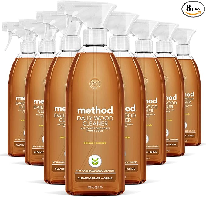 Method Daily Wood Cleaner, Almond, Cleans Shelves, Tables and Other Wooden Surfaces While Removing Dust & Grime, 28 Oz Spray Bottles, (Pack of 8)