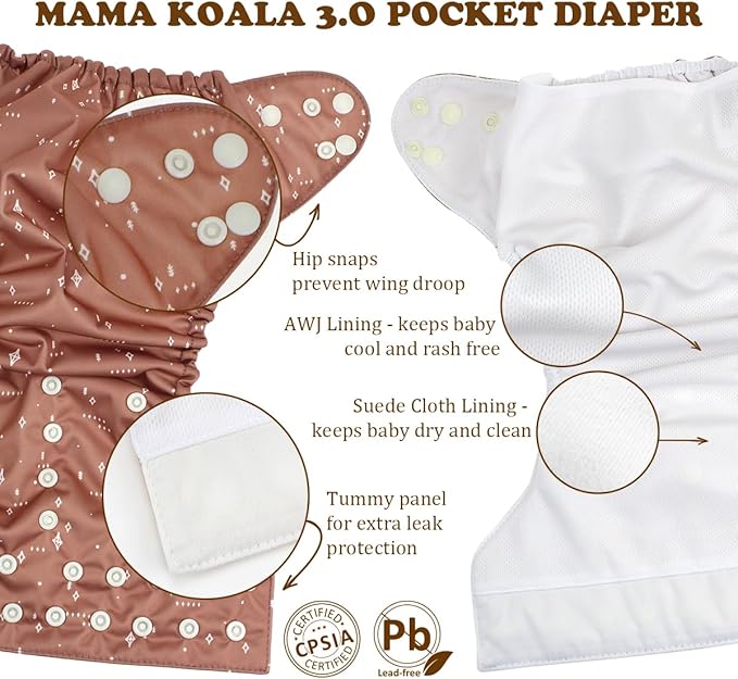 Mama Koala 3.0 Cloth Diapers for Babies with Suede Cloth Lining, Reusable Washable One Size Adjustable Pocket Diapers for Newborn and Toddler, 6 Pack with 6 5-Layer Natural Inserts (S-My Warm Heart)