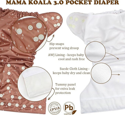 Mama Koala 3.0 Cloth Diapers for Babies with Suede Cloth Lining, Reusable Washable One Size Adjustable Pocket Diapers for Newborn and Toddler, 6 Pack with 6 5-Layer Natural Inserts (S-My Warm Heart)