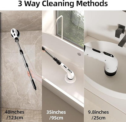 Electric Spin Scrubber for Cleaning, 9 in 1 Changeable Bathroom Scrubber with Power Display, Long Cordless Cleaning Brush, Cordless Shower Cleaner Brush for Bathtub Kitchen Wall Cleaning