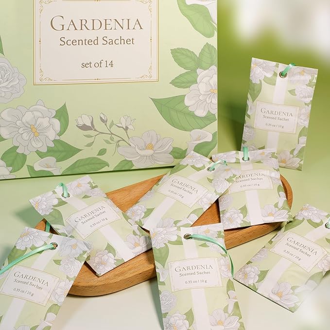 SCENTORINI Scented Sachets for Drawers and Closets, Gardenia Scent 14 Pack, Long-Lasting Sachets Bags, Closet Freshener Sachet for Wardrobe Freshener, Cupboard, Suitcases, Handbags