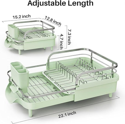 SNTD Dish Drying Rack, Expandable Dish Rack for Kitchen Counter, Stainless Steel Dish Drainer with Drainboard Set and Utensil Holder (Green)