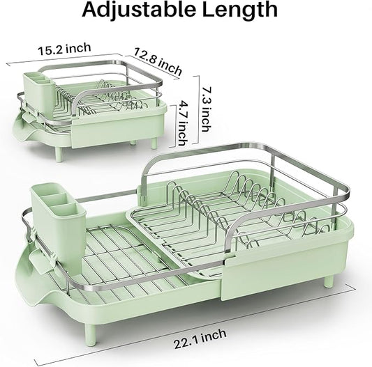 SNTD Dish Drying Rack, Expandable Dish Rack for Kitchen Counter, Stainless Steel Dish Drainer with Drainboard Set and Utensil Holder (Green)