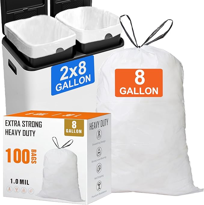 8 Gallon Drawstring Trash bags for Dual Compartment Can (2 x 8 Gallon) 100 Count 1.0 Mil Thickness Kitchen Garbage Liner Pre-Separated Compatible with Liner Code 30A