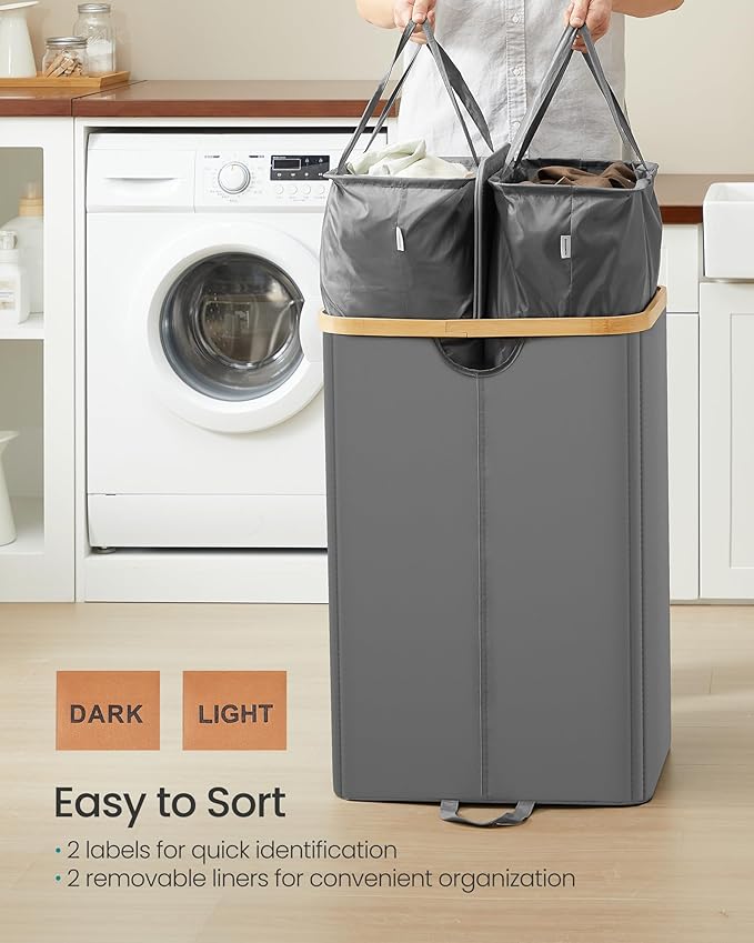 SONGMICS Laundry Hamper with Lids, Laundry Basket with 2 Compartments, 39 Gal. (150 L), Removable Liner Bag, for Laundry Room, Bedroom, Living Room, Slate Gray and Light Bamboo ULCB523G01