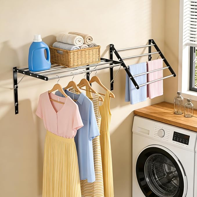 Wall Mounted Drying Rack, Pre-Install Adjustable Width 13-23 Inch, 60 lbs Heavy Duty Foldable Laundry Rack, Space Saving Stainless Steel for Apartment Laundry Room Bathroom, Black