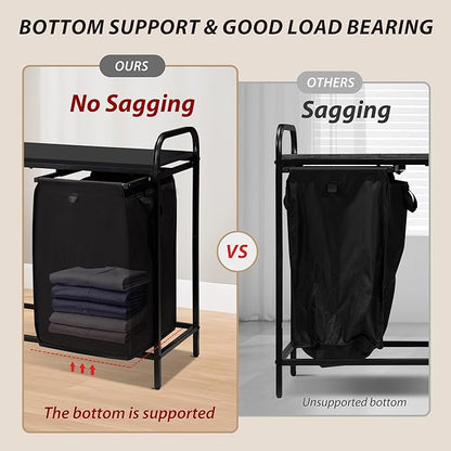 3 Section Laundry Hamper with Shelf, Laundry Basket Organizer with 3 Pull-Out Removable Bags 3×12.3Gal(46.6L), Laundry Sorter for Clothes Organization in Bedroom, Laundry Room, Black
