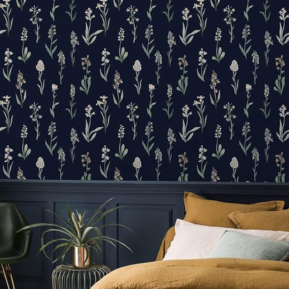 Wudnaye Dark Blue Peel and Stick Wallpaper Dark Floral Contact Paper 16.9in×118.1in Self Adhesive Flower and Leaf Contact Paper Blue Wallpaper White Vintage Removable Waterproof for Bathroom Room Wall