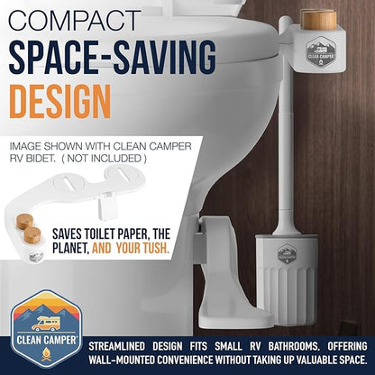 RV Toilet Brush by Clean Camper – Wall-Mounted Set, Silicone, Scratch-Free Dual-Sided Head, Quick-Drying Holder, Compact & Durable Set with Strong Adhesive Mount for RV & Camper Toilets