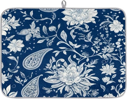 Dish Drying Mats with Hanging Loop for Kitchen Counter - Super Absorbent & Microfiber Sink Dry Mat with Paisley Floral Paisley Floral, Non-Slip Backing, Dishes, Sink, Countertop Protection 18"x24"