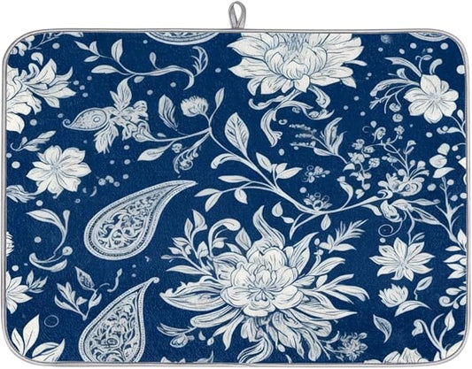 Dish Drying Mats with Hanging Loop for Kitchen Counter - Super Absorbent & Microfiber Sink Dry Mat with Paisley Floral Paisley Floral, Non-Slip Backing, Dishes, Sink, Countertop Protection 18"x24"
