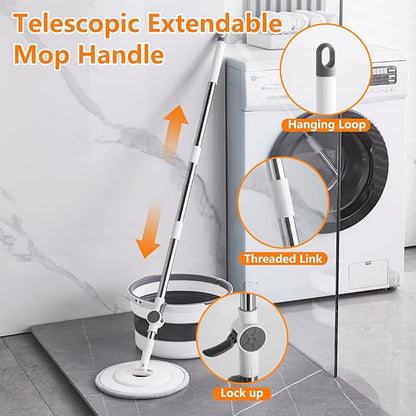 Spin Mop and Bucket Set ，2 Replaceable Microfiber Mop Pads，1 Magic Sponge Eraser pad for Deep-Cleaning Mops for Floors (Mop Set, 10" Mop-Head)