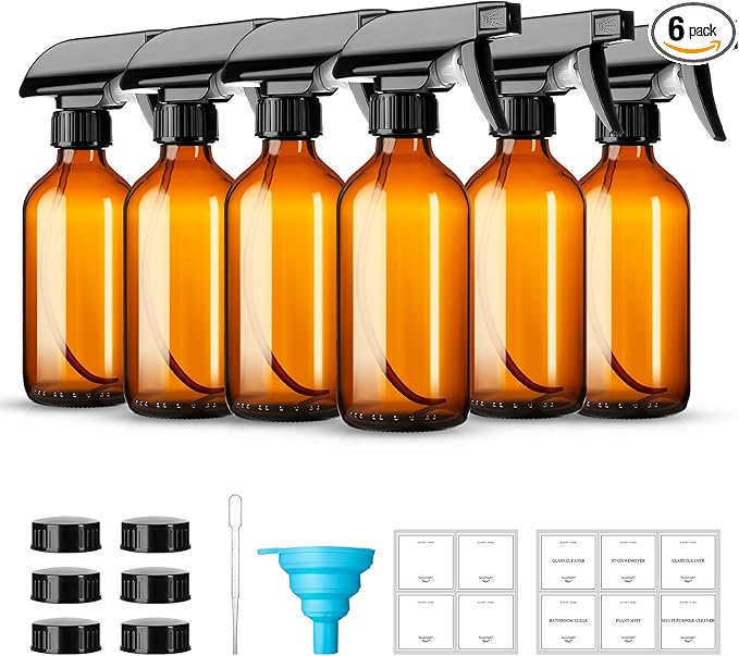 Vitreaux 6 Pack 8oz Amber Glass Spray Bottles,Glass Spray Bottles Refillable Empty Containers with Adjustable Nozzle,Spray Bottle for Essential Oils,Cleaning Solutions,Hair Mister,Pets