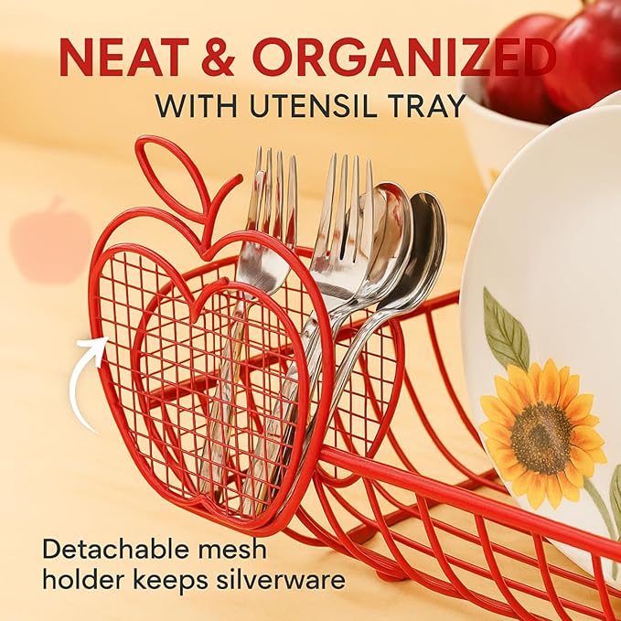 Jumbl Expandable Dish Drying Rack – Apple Decor Metal Dish Drainer with Utensil Holder, Adjustable 14"–27", Rust-Proof Countertop Dish Strainer for Kitchen Sink, RV, or Outdoor Use