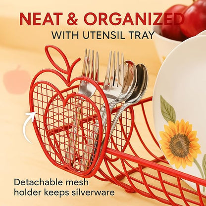 Jumbl Expandable Dish Drying Rack – Apple Decor Metal Dish Drainer with Utensil Holder, Adjustable 14"–27", Rust-Proof Countertop Dish Strainer for Kitchen Sink, RV, or Outdoor Use