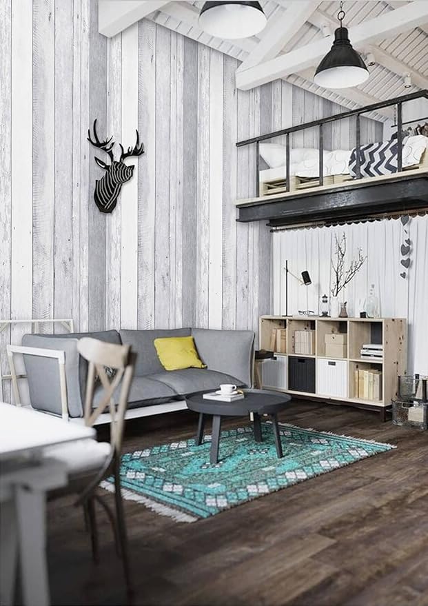Dimoon 197''x17.7'' Wallpaper Shiplap Thicken White Grey Wood Peel and Stick Wallpaper Gray White Wood Contact Paper White Wall Paper Removable Self Adhesive Shelf Drawer Liner Vinyl Roll