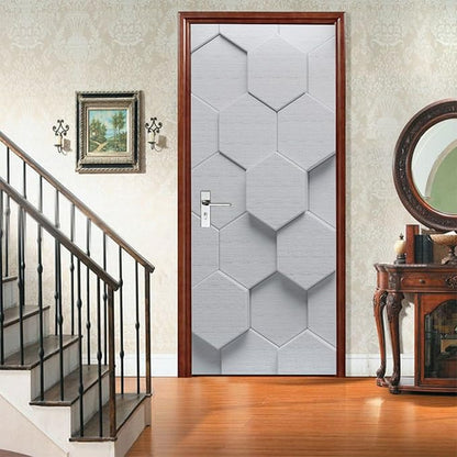 A.Monamour 3D Door Stickers for Interior Doors White Hexagon Geometric Pattern Vinyl Waterproof Self Adhesive Door Mural Decals for Bedroom Office Bathroom 90x200cm