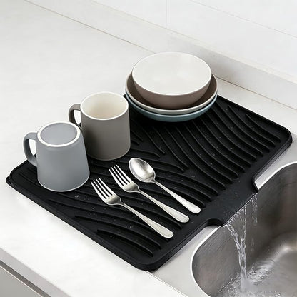 Silicone Dish Drying Mat 16x13 Multiple Usage,Easy clean,Eco-friendly,Heat-resistant Silicone Mat Dish Drying Mats For Kitchen Counter or Sink,Refrigerator or Drawer liner Black16inchx13inch