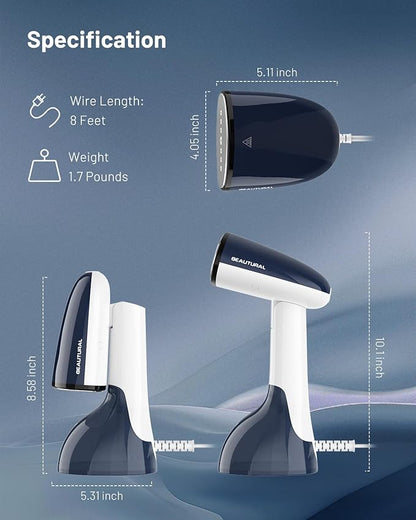 BEAUTURAL Steamer for Clothes, Portable Handheld Garment Fabric Wrinkles Remover, Aluminun Heating Plate, 35-Second Fast Heat-up, Large Detachable Water Tank (Only for 120V)