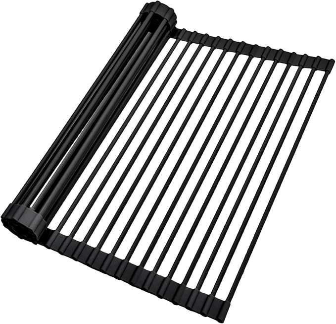 Ohuhu Over The Sink Dish Drainer Drying Rack, 17.6" W x 15.4" L Roll Up Dish Racks Kitchen Sink Organizer Silicone Wrapped Large in Sink Dish Drying Rack Foldable Rolling Drain Mats Anti-Slip