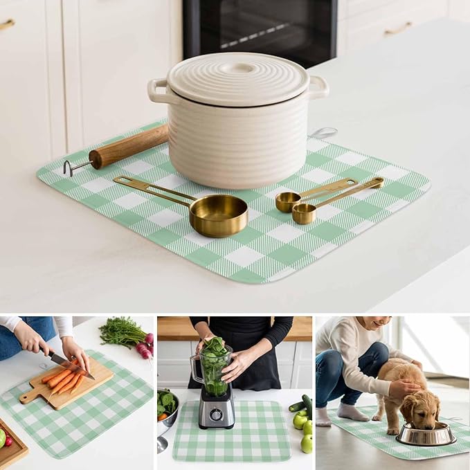 Dish Drying Mat Light Green Buffalo Check Plaid Drying Mats for Kitchen Counter Farmhouse Style Absorbent Microfiber Dish Drainer Quick Drying Coffee Mat with Hanging Loop, 18 x24 inch