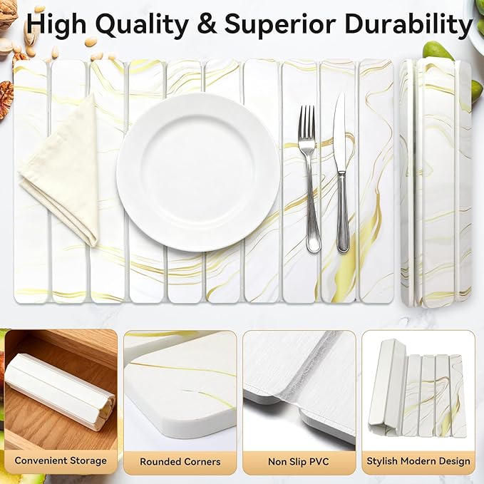 Stone Drying Mat for Kitchen Counter, 24"×16" White Marble Quick Dish Drying Mat with Sanding Pads Non-Slip Roll Up Absorbent Diatomaceous Earth Mat for Countertop, Tableware, Cups