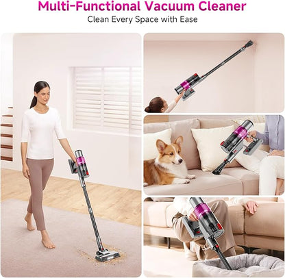 Cordless Vacuum Cleaner: Portable 6-in-1 Stick Vacuum with Anti-Tangle Brush, LED Headlight, Self-Standing, HD Display, Rechargeable Vacuum for Pet Hair, Low-Pile Carpet and Hardwood Floor-Purple
