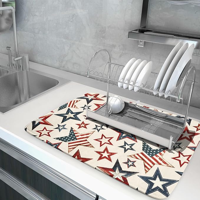 Flag Stars Stripes Patriotic 4th of July Dish Drying Pad 18 x 24 Inch With Absorbent Reversible MicrofiberAmerican Memorial Day Drying Mats Dish Drainer Mat Fast Dry For Kitchen Dining Room