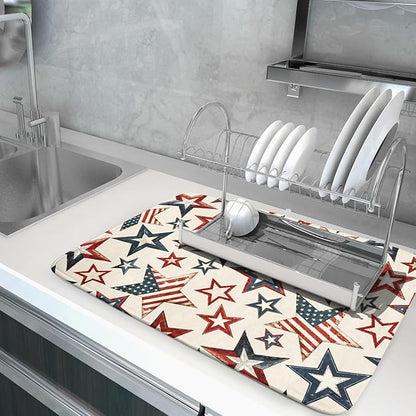 Flag Stars Stripes Patriotic 4th of July Dish Drying Pad 18 x 24 Inch With Absorbent Reversible MicrofiberAmerican Memorial Day Drying Mats Dish Drainer Mat Fast Dry For Kitchen Dining Room
