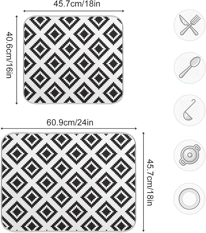 Super Absorbent Dish Drying Mat, Microfiber Fast-Drying Dish Mat, 16" x 18, Kitchen Dish Drying Pad, Grey Moroccan Rhombus Plaid