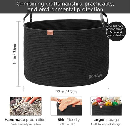 Extra Large Storage Laundry Basket 22" X 22"X 14" Cotton Rope Woven for Blanket Basket with Handles for Living Room Toys Storage XXXL (Pure Blk)