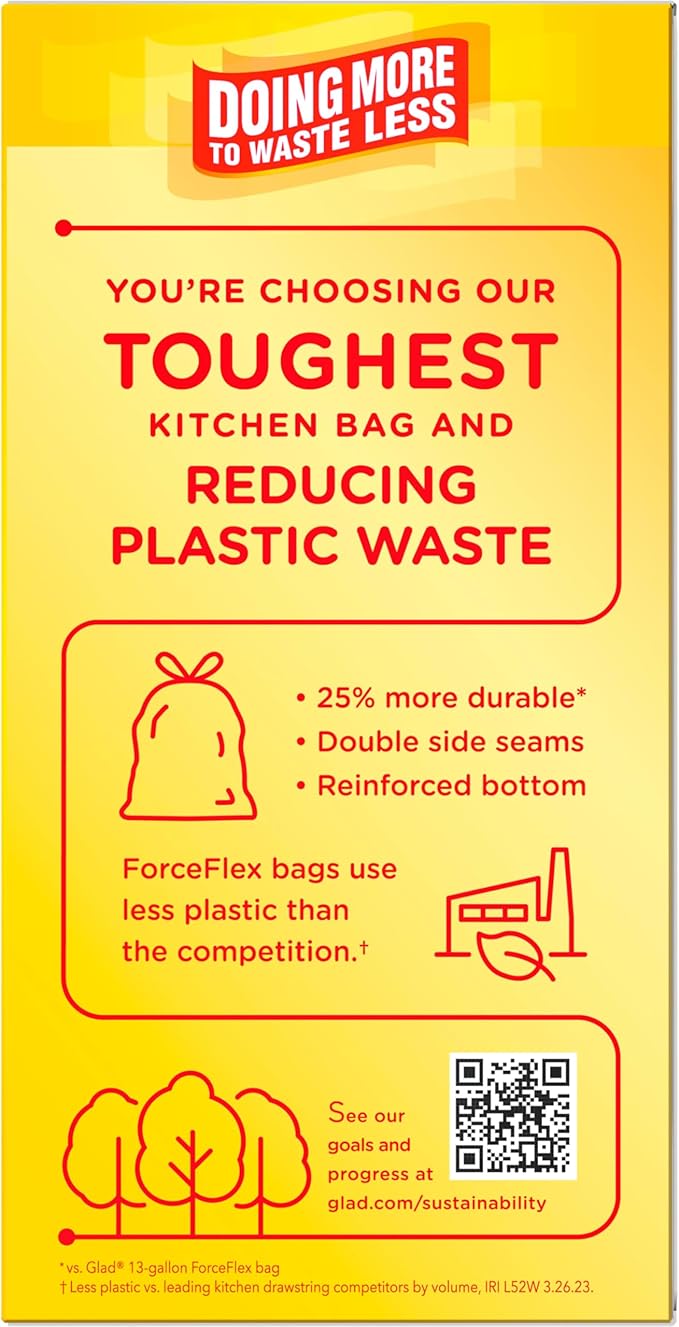 Glad ForceFlex MaxStrength Kitchen Trash Bags, 13 Gal, Fresh Clean Febreze, 34 Ct (Package May Vary) (Pack of 2)