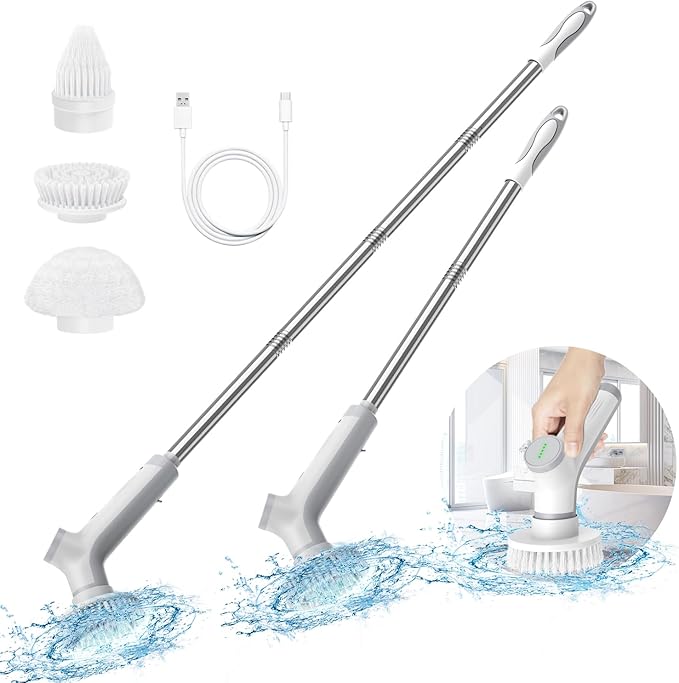 VEWIOR Electric Spin Scrubber, Cordless Cleaning Brush with 3 Adjustable Angle 2 Speeds 3 Replaceable Brush Heads, Electric Cleaning Brush for Floor Bathroom Tub Tile Kitchen Window