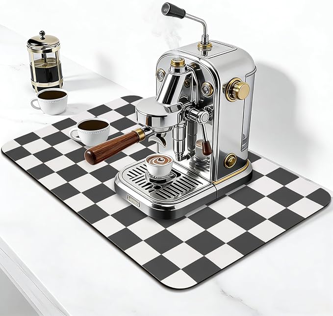 CooRug Checkered Dish Drying Mat for Kitchen Counter, Absorbent Non-Slip Coffee Mat, Heat Resistant Mat for Countertops Coffee Bar Decor 12" x 20" Black