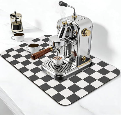 CooRug Checkered Dish Drying Mat for Kitchen Counter, Absorbent Non-Slip Coffee Mat, Heat Resistant Mat for Countertops Coffee Bar Decor 12" x 20" Black
