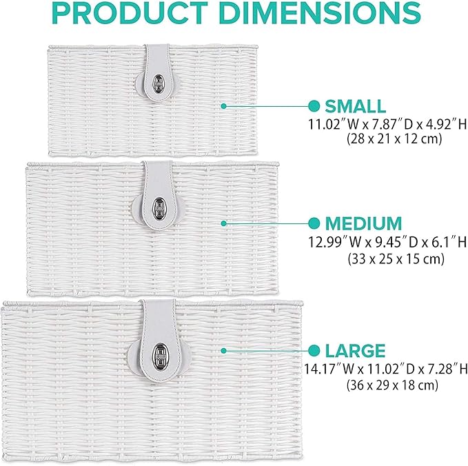 Set of 3 Woven Wicker Storage Basket Box with Lids & Lock, Built-in Carry Handles, Multifunctional Storage Organizer for Nursery, Baby, Clothes, Toys, Books, Large/Medium/Small Size (White)